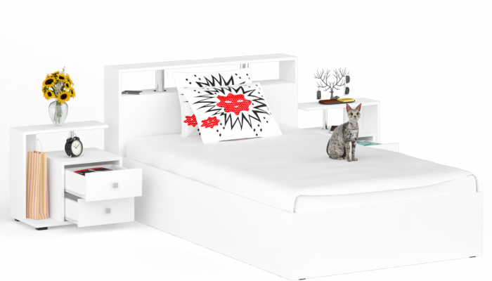 Камелия Кровать 1200 + две тумбы, цвет белый, ШхГхВ 236х217х78,2 см., сп.м. 1200х2000 мм., без матраса, основание есть