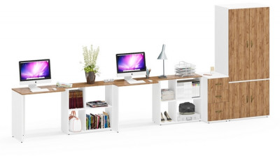 Лидер-8 Стол + Стол + Шкаф МД 19Б + Тумба МД 3.16, белый шагрень/крафт золото