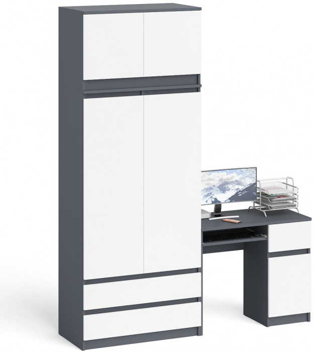 Мори компьютерный стол МС-1 правый + Шкаф МШ900.1 + Антресоль МА900.1, графит/белый