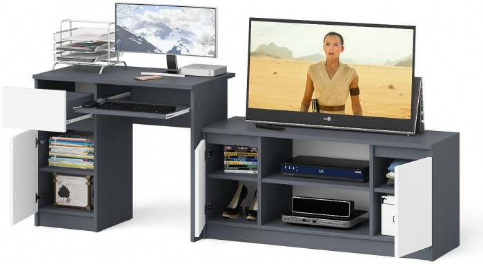 Мори Стол компьютерный МС-1 левый + Тумба МТВ1200.1, цвет графит/белый, ШхГхВ 210,4х50х76,6 см., выдвижной ящик слева, НЕ универсальная сборка