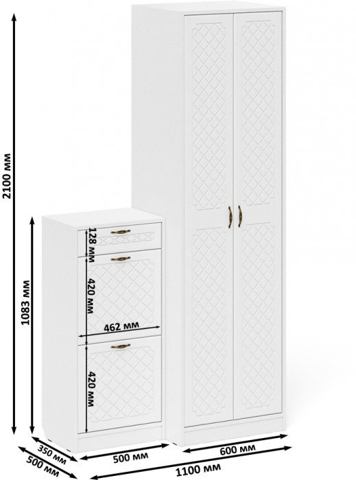 Прихожая П-6 Компоновка № 16, цвет белая шагрень/фасады МДФ белое дерево фрезеровка ромб, ШхГхВ 110х50х210 см., универсальная сборка