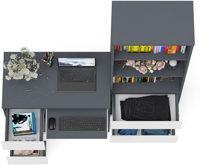 Мори Стол компьютерный МС-6 левый + Стеллаж МСТ600.3, цвет графит/белый, ШхГхВ 150,4х50х179,6 см., выдвижные ящики слева, НЕ универсальная сборка