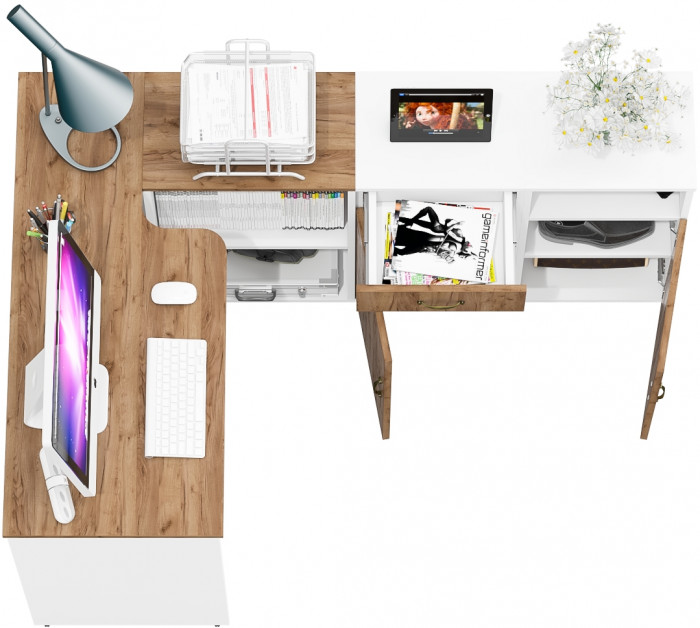 Лидер-8 Стол + Тумба МД 3.15 + Тумба МД 3.19, белый шагрень/крафт золото