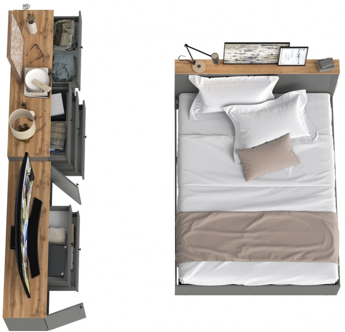 Остин 11.53 Кровать + ортопед + 16.240 Комод + 16.47 Тумба под ТВ, серый графит/дуб крафт золотой