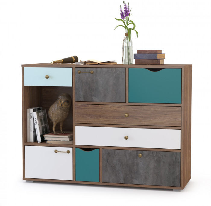 Вайс Комод 10.104, цвет морское дерево винтаж/камень тёмный/бензин/мята/белый премиум, ШхГхВ 121,2х39,9х88,8 см., НЕ универсальная сборка