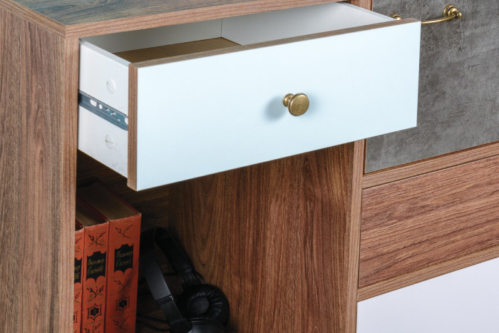 Вайс Комод 10.104, цвет морское дерево винтаж/камень тёмный/бензин/мята/белый премиум, ШхГхВ 121,2х39,9х88,8 см., НЕ универсальная сборка