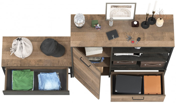 Трувор 13.241.03 Тумба для обуви + 13.307.01 Комод, цвет дуб гранж песочный/интра, ШхГхВ 189х36,9х106,9 см., универсальная сборка