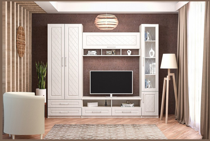 Модульная Гостиная Аллегро 9 МДФ Гравировка (Бодега белая/Сандал белый)