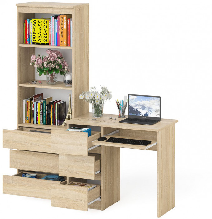 Мори Стол компьютерный МС-6 левый + Стеллаж МСТ600.3, цвет дуб сонома, ШхГхВ 150,4х50х179,6 см., выдвижные ящики слева, НЕ универсальная сборка