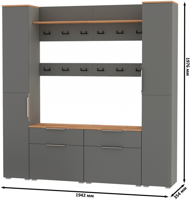 Октава Прихожая 35, цвет серый графит/дуб крафт золотой/фасады МДФ серый графит, ШхГхВ 194,2х35,4х197,6 см., универсальная сборка