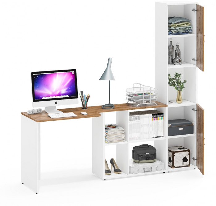 Лидер-8 Стол + Пенал, белый шагрень/крафт золото