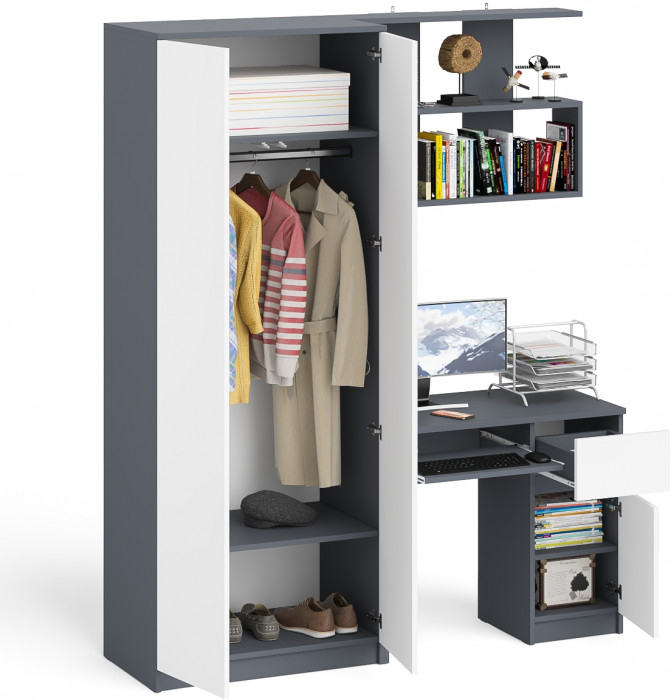 Мори компьютерный стол МС-1 правый + Шкаф МШ800.1 + Полка 900, графит/белый