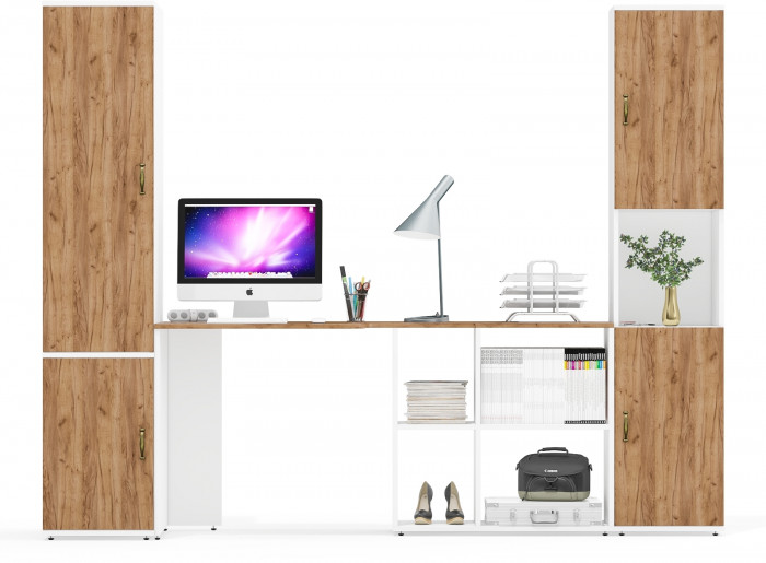 Лидер-8 Пенал МД 23Б + Стол + Пенал, цвет белый шагрень/крафт золото, ШхГхВ 245х50/30х75/190 или 155х120/50х75/190 см., НЕ универсальная сборка