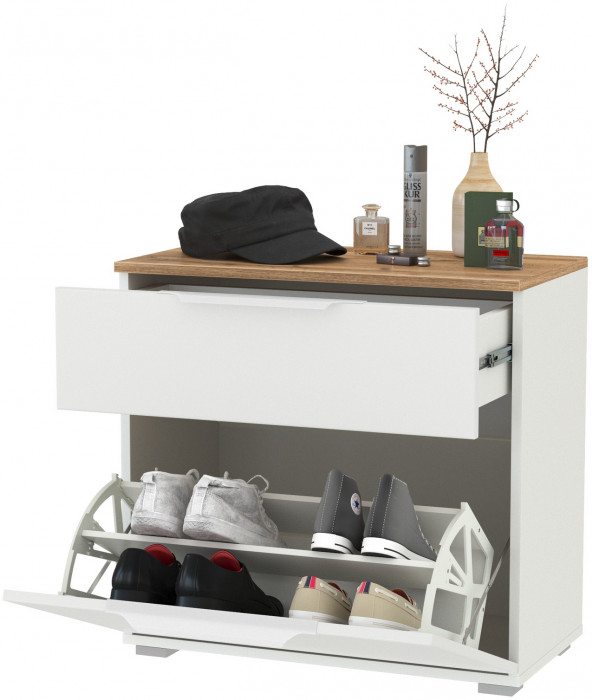 Октава 16.127 Тумба для обуви, цвет белый шагрень/дуб крафт золотой/фасады МДФ белый шагрень, ШхГхВ 64,9х35,4х62,2 см.