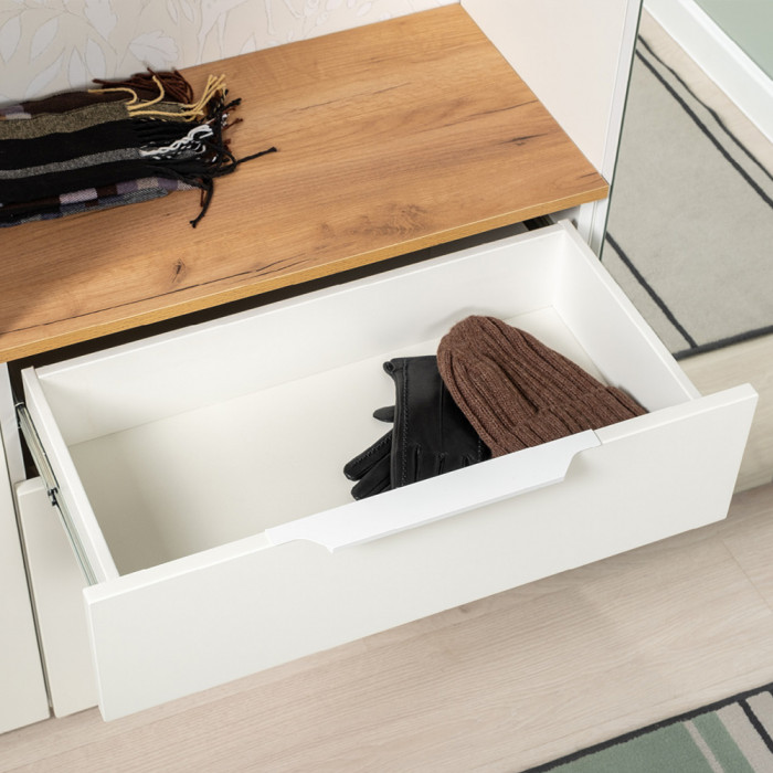 Октава 16.127 Тумба для обуви, цвет белый шагрень/дуб крафт золотой/фасады МДФ белый шагрень, ШхГхВ 64,9х35,4х62,2 см.