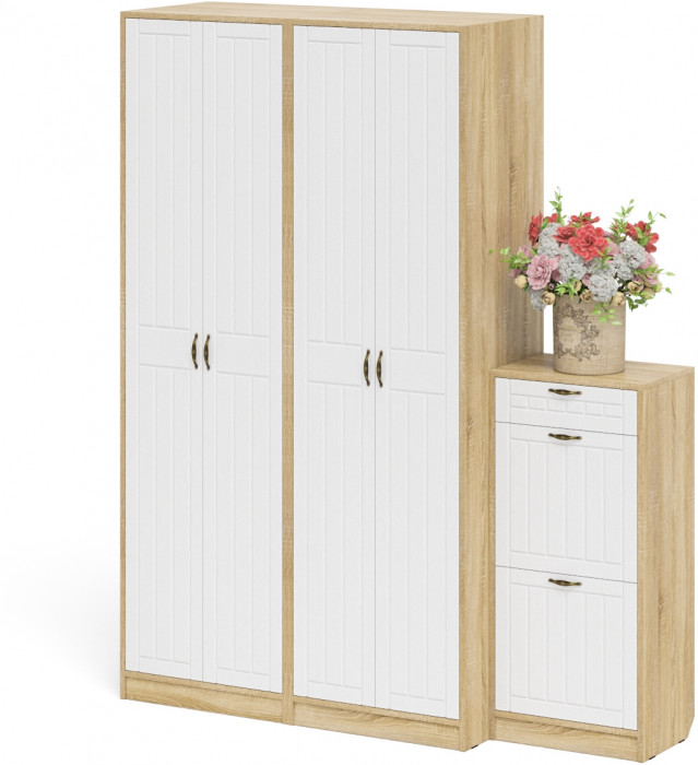 Прихожая П-6 Компоновка № 13, цвет дуб сонома/фасады МДФ белое дерево фрезеровка прованс, ШхГхВ 170х50х210 см., универсальная сборка