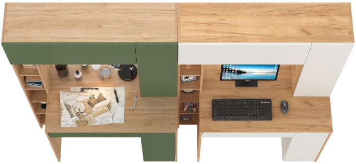 Два стола компьютерных Комфорт 12.71, цвет гикори рокфорд натуральный/дымчатый зелёный/дуб золотой/белый, ШхГхВ 233,4х60,2х165,4 см., НЕ ун. сб.