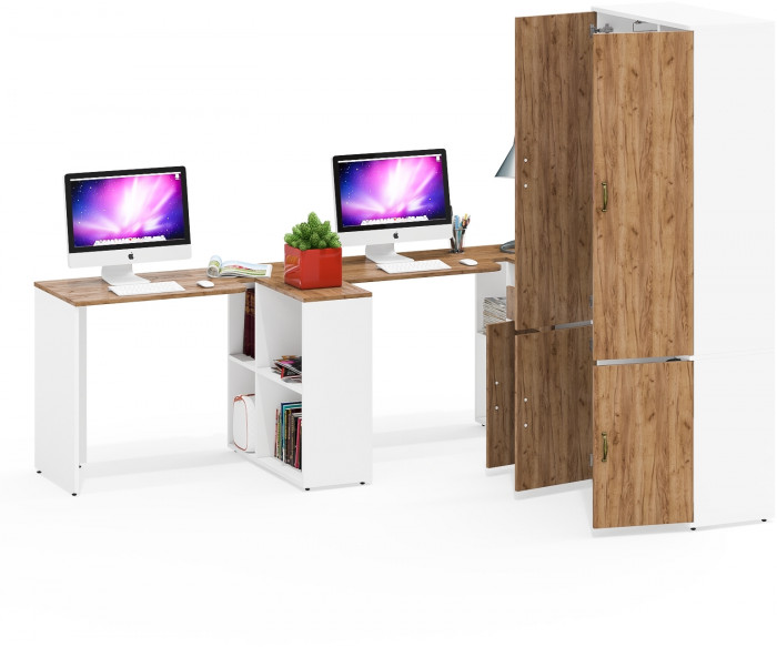 Лидер-8 Стол + Стол + Шкаф МД 20Б + Тумба МД 3.15, белый шагрень/крафт золото