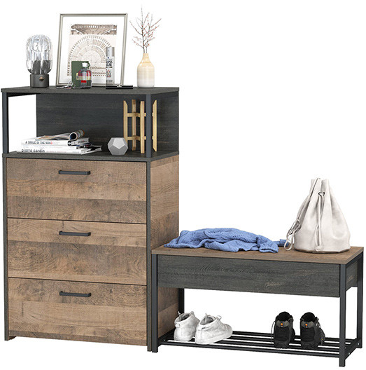 Трувор 13.241.03 Тумба для обуви + 13.307.02 Комод с ящиками, цвет дуб гранж песочный/интра, ШхГхВ 146х37х106,9 см., универсальная сборка