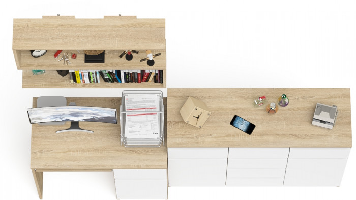 Мори Стол компьютерный МС-1 правый + Комод МК1200.4 + Полка 900, цвет дуб сонома/белый, ШхГхВ 210,4х50х209,6 см., НЕ универсальная сборка