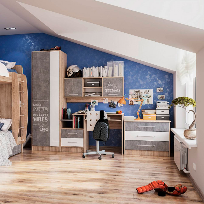 Спальня Колибри Лофт комод дуб сонома/ателье светлое+акрил белый