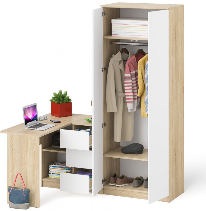 Мори Стол компьютерный МС-16 правый + Шкаф МШ800.1, цвет дуб сонома/белый, ШхГхВ 204,8х84,9х209,6 см., выдвижные ящики справа, НЕ универсальная сборка