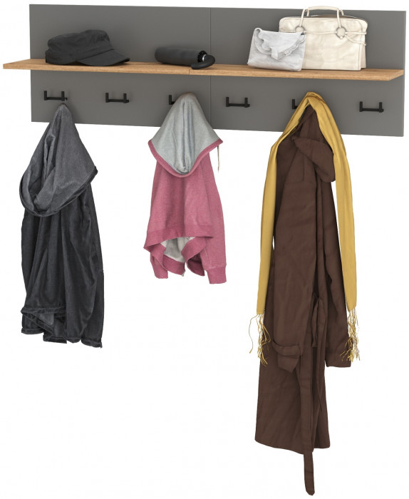 Октава 15.14.01 Вешалка + 15.14.01 Вешалка, цвет серый графит/дуб крафт золотой, ШхГхВ 129,4х23,6х40 см.