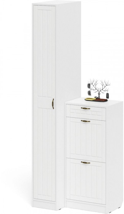 Прихожая П-6 Компоновка № 42, цвет белая шагрень/фасады МДФ белое дерево фрезеровка прованс, ШхГхВ 80х50х210 см., универсальная сборка