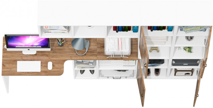 Лидер-8 Стол + Полка + Пенал + Пенал, белый шагрень/крафт золото