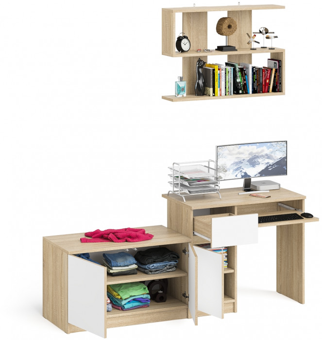 Мори Стол компьютерный МС-1 левый + Тумба МА900.1 + Полка 900, цвет дуб сонома/белый, ШхГхВ 180,4х50,4х209,6 см., НЕ универсальная сборка