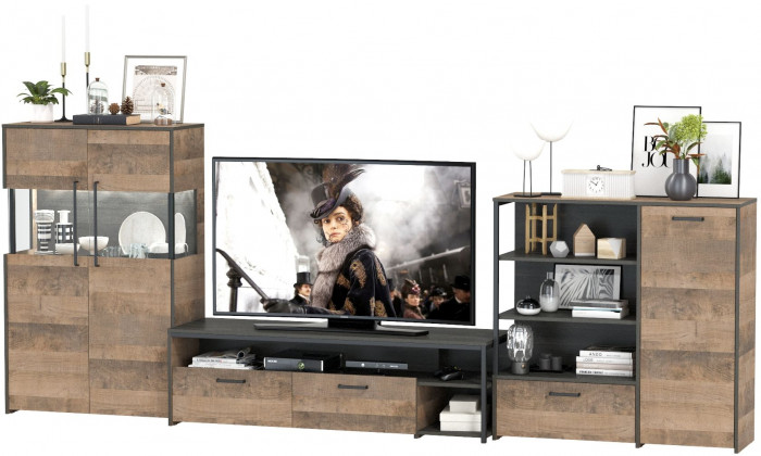 Трувор Гостиная 054, цвет дуб гранж песочный/интра, ШхГхВ 344,6х45,4х135,3 см., универсальная сборка