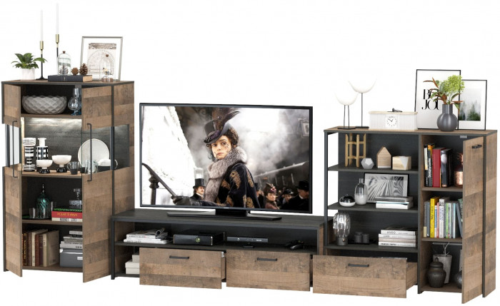 Трувор Гостиная 054, цвет дуб гранж песочный/интра, ШхГхВ 344,6х45,4х135,3 см., универсальная сборка