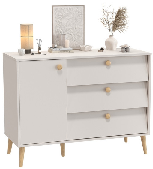 Афина Спальня 4-44901М1к.с. Комод с дверкой и тремя ящиками, цвет кашемир серый, ШхГхВ 110х45,3х83 см., универсальная сборка, цвет ножек: тик