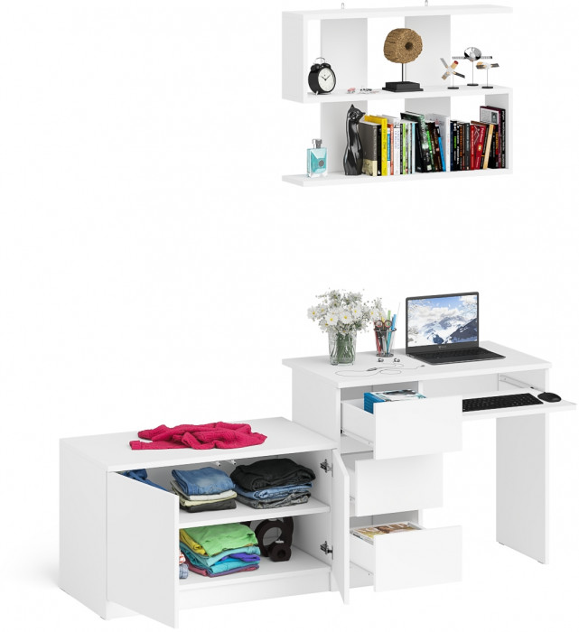 Мори Стол компьютерный МС-6 левый + Тумба МА900.1 + Полка 900, цвет белый, ШхГхВ 180,4х50,4х209,6 см., НЕ универсальная сборка