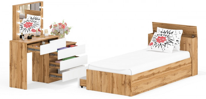 Ксения Кровать с ящиками 0900 + Стол косметический с подсветкой 110, дуб вотан/белый