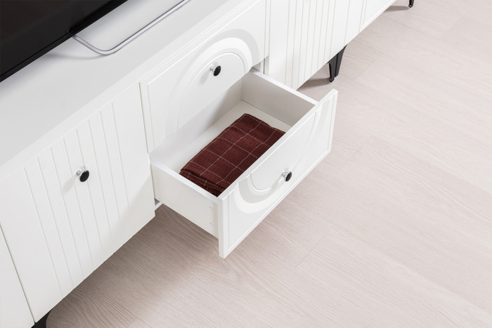 Валенсия Гостиная 16.45 Тумба под ТВ + 13.291 Тумба, цвет ЛДСП белый шагрень/МДФ белый шагрень, ШхГхВ 182,3х38,4х63,7 см.