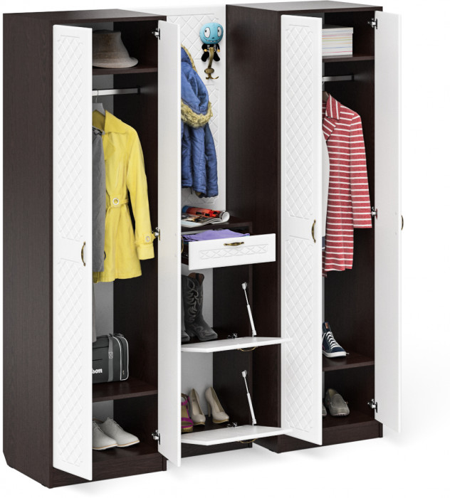 Прихожая П-6 Компоновка № 15, цвет венге/фасады МДФ белое дерево фрезеровка ромб, ШхГхВ 180х50х210 см., универсальная сборка