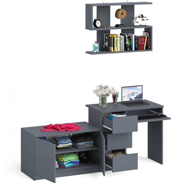Мори Стол компьютерный МС-6 левый + Тумба МА900.1 + Полка 900, цвет графит, ШхГхВ 180,4х50,4х209,6 см., НЕ универсальная сборка