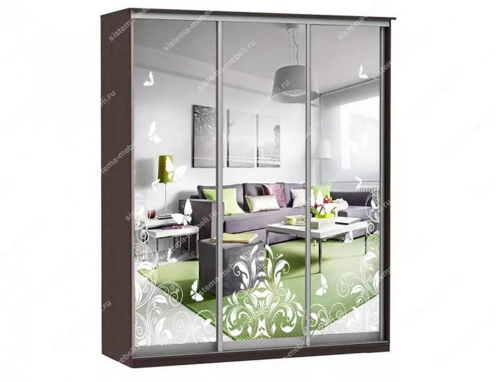 Шкаф купе Модерн 1776х450 3-х дверный 2-х секционный зеркальный с пескоструем №4 венге