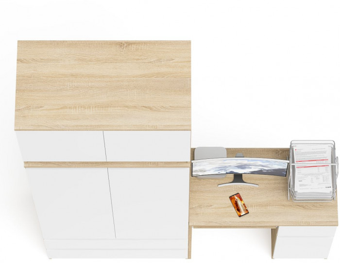 Мори Стол компьютерный МС-1 правый + Шкаф МШ900.1 + Антресоль МА900.1, цвет дуб сонома/белый, ШхГхВ 180,4х50,4х234,2 см., выдв. ящ. справа, НЕ ун. сб.