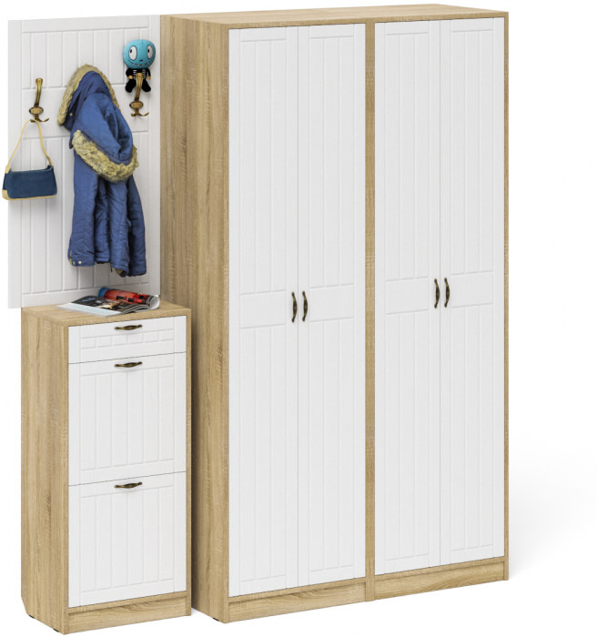 Прихожая П-6 Компоновка № 15, цвет дуб сонома/фасады МДФ белое дерево фрезеровка прованс, ШхГхВ 180х50х210 см., универсальная сборка