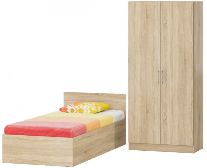 Кровать с ящиками 0900 + Шкаф 2-х створчатый Стандарт, цвет дуб сонома, ШхГхВ 93,5х203,5х70 + 90х52х200 см., сп.м. 900х2000 мм., б/м, основание есть