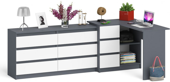 Мори Стол компьютерный МС-16 левый + Комод МК1380.6, цвет графит/белый, ШхГхВ 262,4х84,9х76,6 см., выдвижные ящики слева, НЕ универсальная сборка