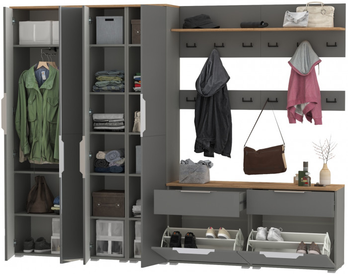 Октава Прихожая 37, цвет серый графит/дуб крафт золотой/фасады МДФ серый графит, ШхГхВ 258,6х35,4х197,6 см., универсальная сборка