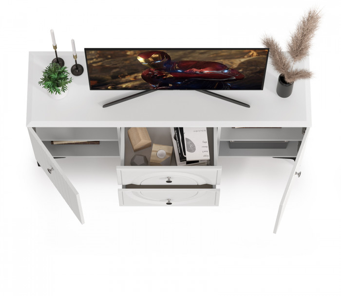 Валенсия Гостиная 16.45 Тумба под ТВ, цвет ЛДСП белый шагрень/МДФ белый шагрень, ШхГхВ 133,1х38,3х63,7 см.