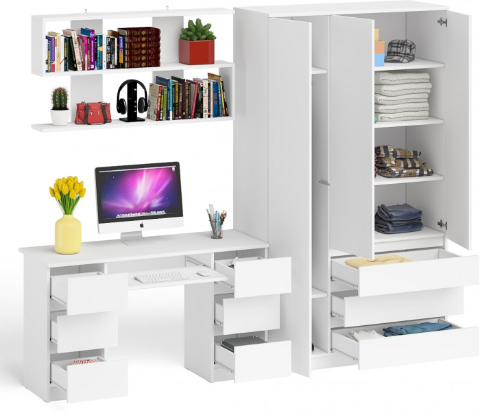 Мори компьютерный стол МС-2 + Шкаф МШ1200.1 + Полка 1200, белый