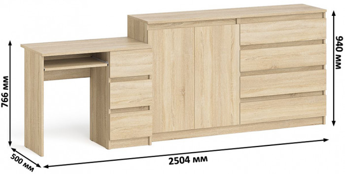 Мори Стол компьютерный МС-6 правый + Комод МК1600.1, цвет дуб сонома, ШхГхВ 250,4х50х94 см., выдвижные ящики справа, НЕ универсальная сборка