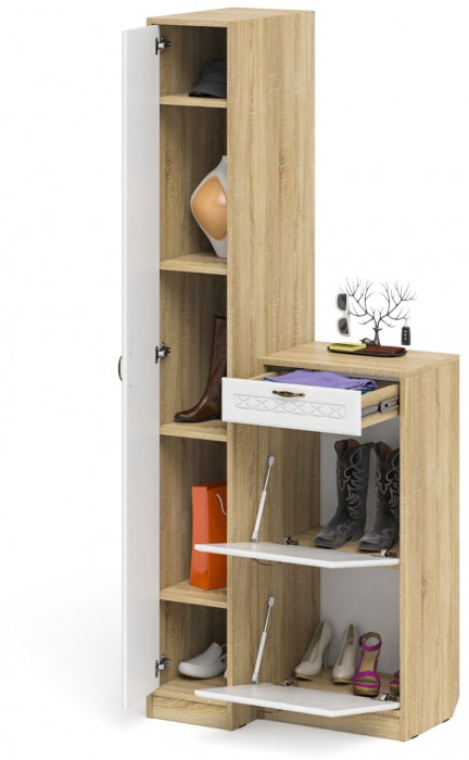 Прихожая П-6 Компоновка № 42, дуб сонома/фасады МДФ белое дерево фрезеровка ромб