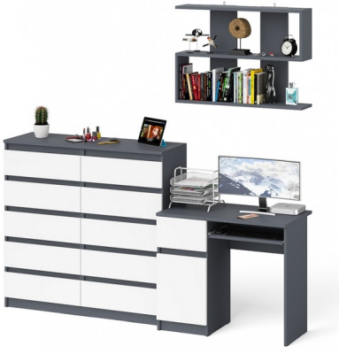 Мори компьютерный стол МС-1 левый + Комод МК1200.10 + Полка 900, графит/белый