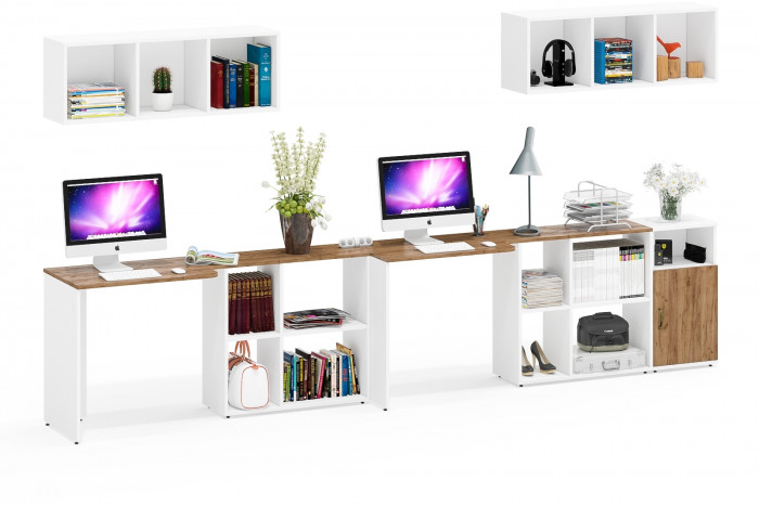 Лидер-8 Стол + Полка + Стол + Полка + Тумба МД 3.19, цвет белый шагрень/крафт золото, ШхГхВ 370х50/30х75 см. или 230х50/120х75 см., НЕ универс. сборка